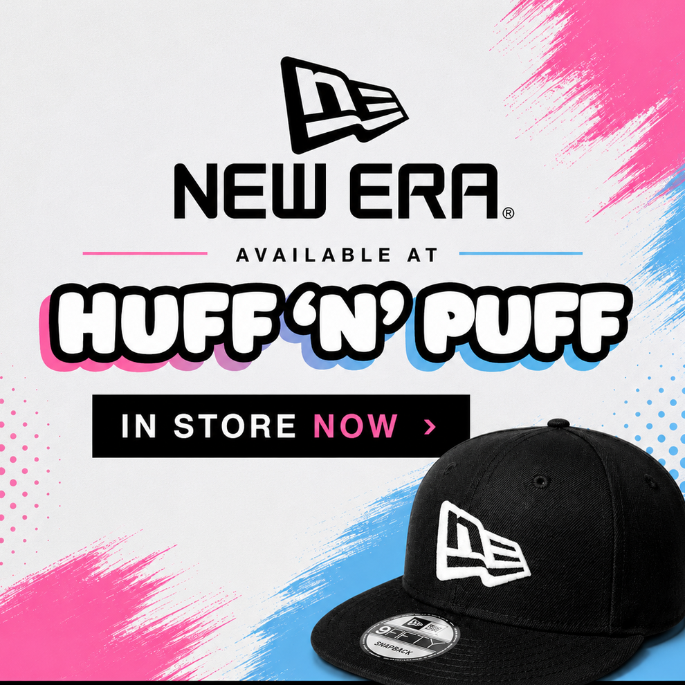 Black New Era cap with brand logo on a colorful background, featuring 'Huff 'n' Puff' text.